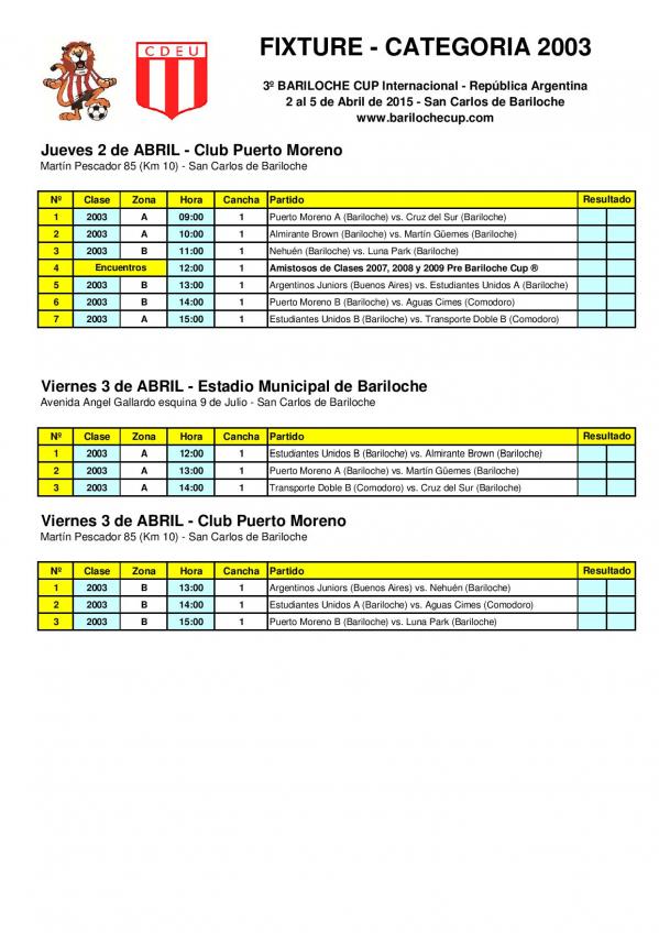 Fixture Bariloche Cup Categor&iacute;a 2003 Jueves 2 y Viernes 3  