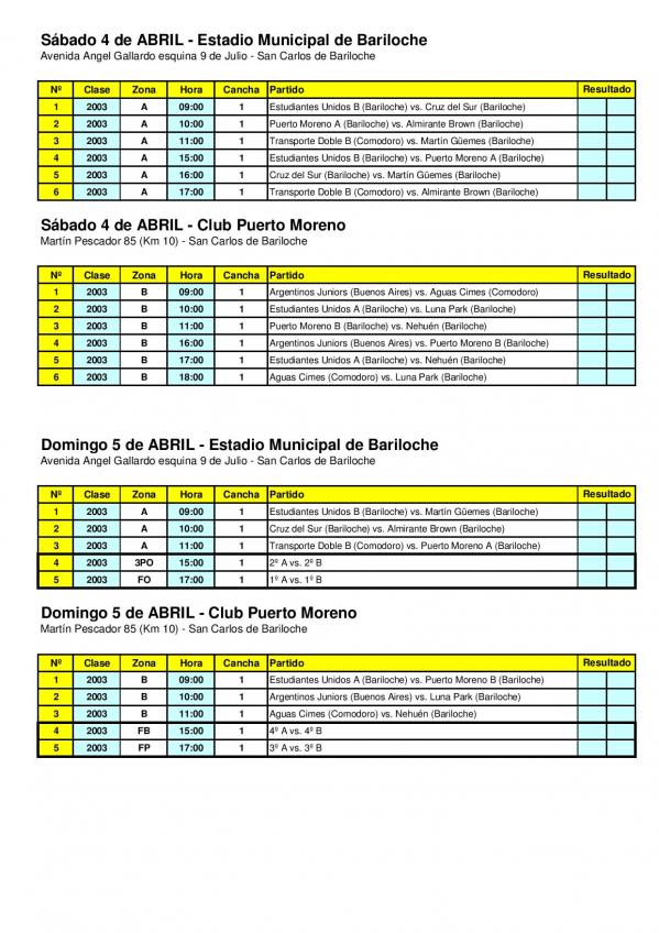 Fixture Bariloche Cup Categor&iacute;a 2003  Sabado 4 y Domingo 5