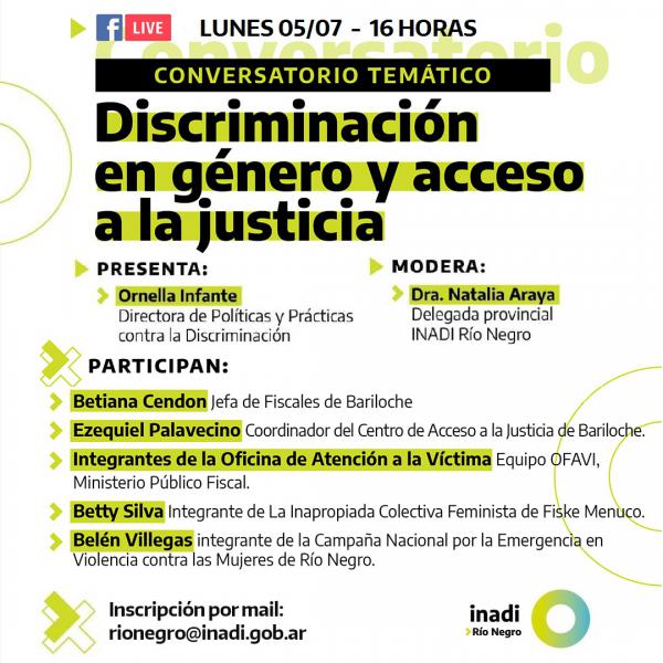 Invitaci&oacute;n conversatorio Discriminaci&oacute;n en g&eacute;nero y acceso a la justicia - Lunes 5/7 16hs