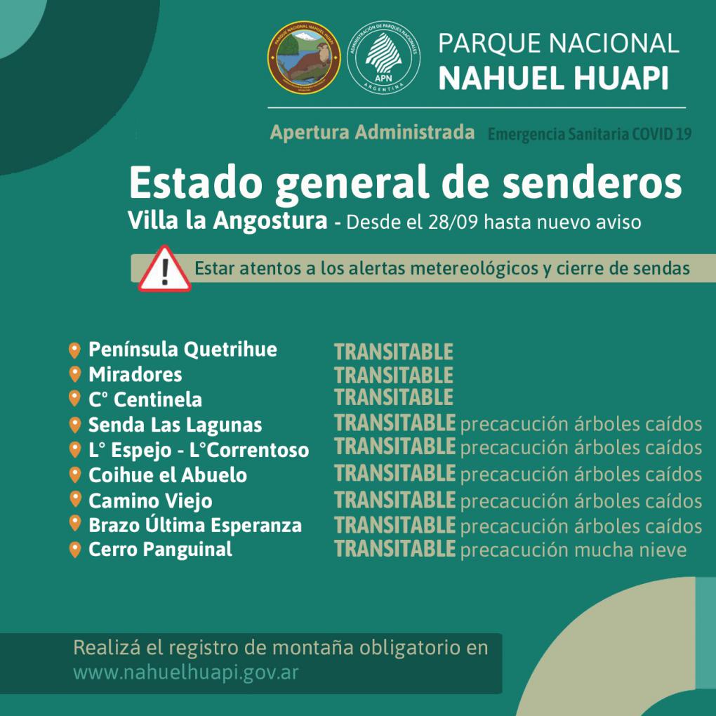 Estado de senderos autorizados del Parque Nacional Nahuel Huapi en la Provincia de Neuqu&eacute;n - Villa la Angostura