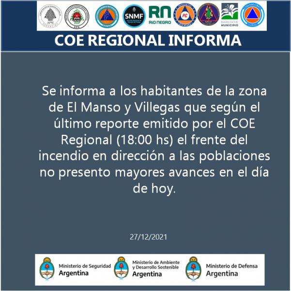 INCENDIO COMPLEJO LAGO MARTIN REPORTE DE SITUACION N&deg; 5 COE REGIONAL / 27-12-21 / HORA DE CIERRE 18:00hs