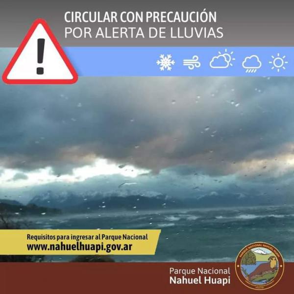 Precauci&oacute;n por fuertes lluvias en el Parque Nacional Nahuel Huapi y Parque Nacional Los Arrayanes  