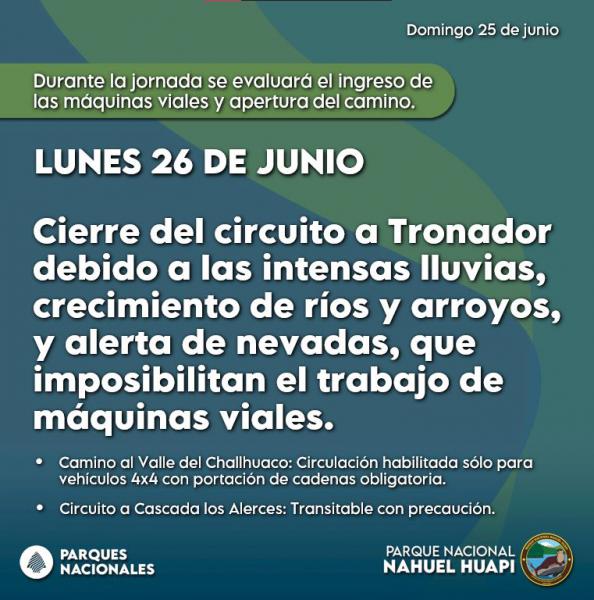 Estado de caminos y cierre del circuito a Tronador este lunes 26
