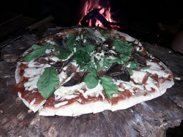 Pizza a la piedra con rcula de la huerta y jamn crudo de Jabal Casa de Campo en la montaa El Bolson