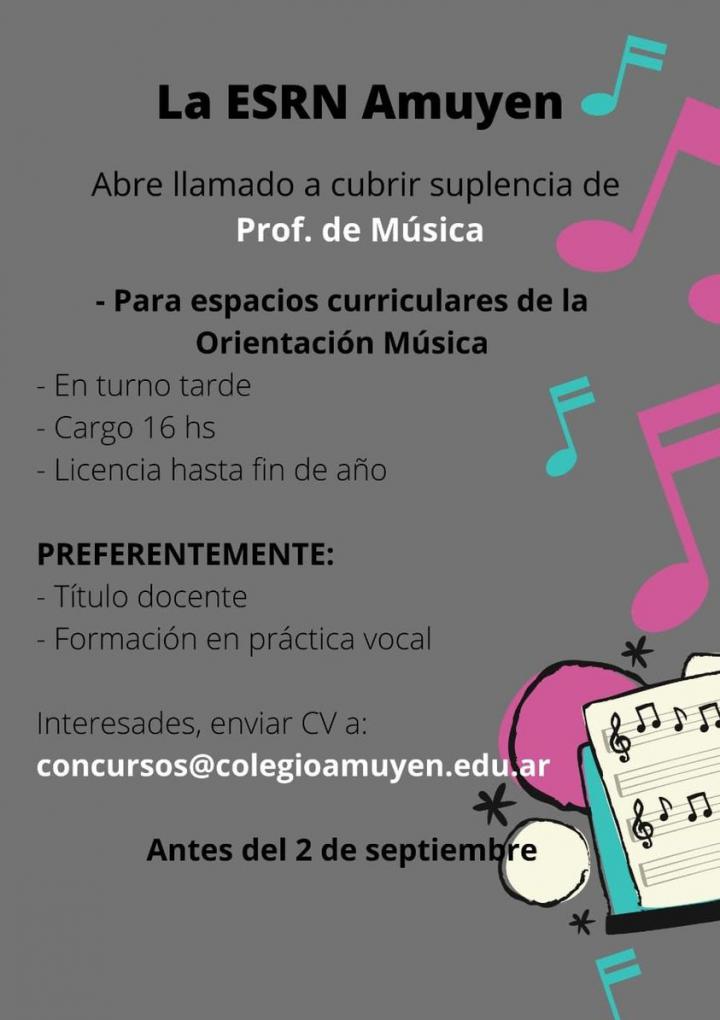 Llamado a cubrir suplencia docente de m&uacute;sica