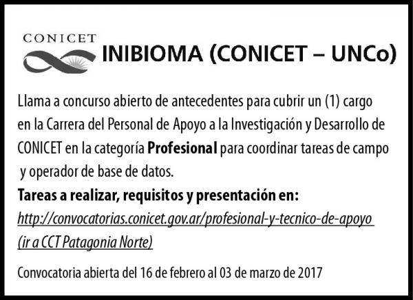 Concurso abierto de antecedentes para cargo de Personal de apoyo a la Investigaci&oacute;n (INIBIOMA &#150; CONICET - UNCo)