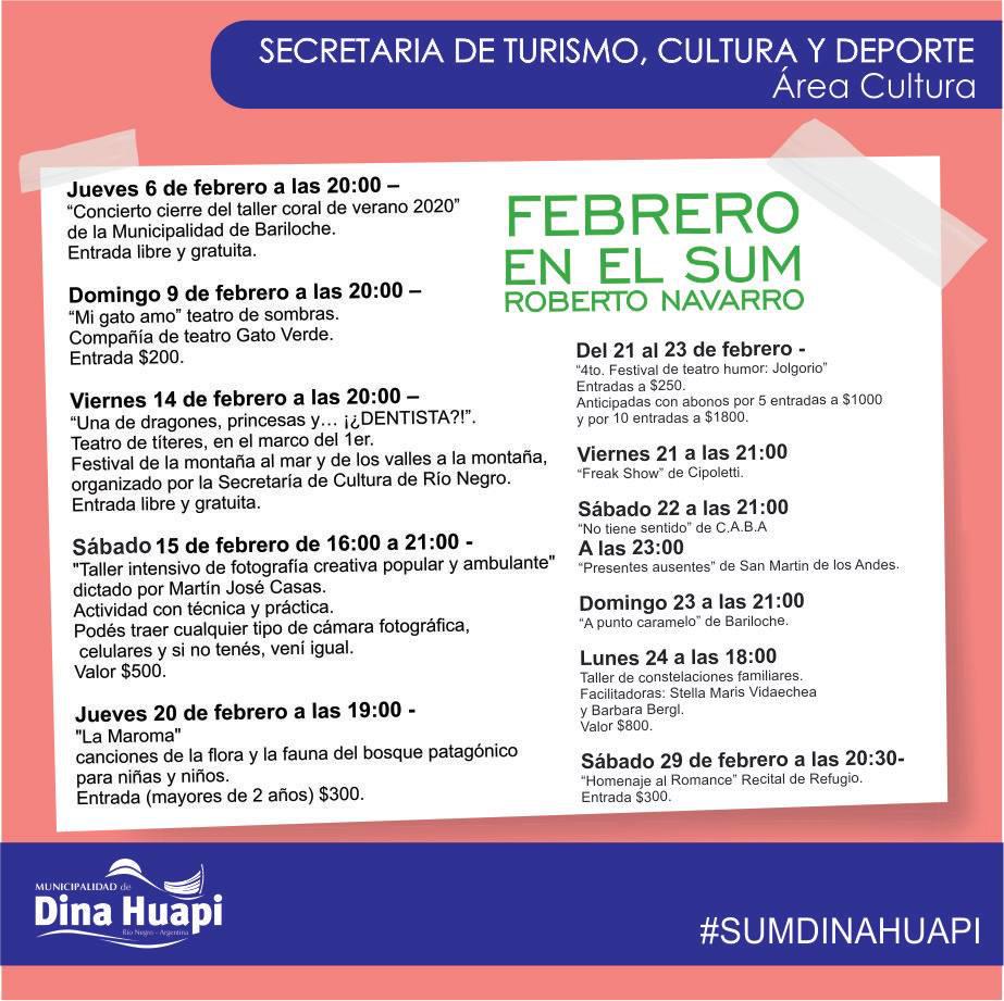 Eventos de febrero en el SUM Roberto Navarro - Dina Huapi
