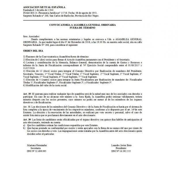  CONVOCATORIA A ASAMBLEA GENERAL ORDINARIA  FUERA DE T&Eacute;RMINO
