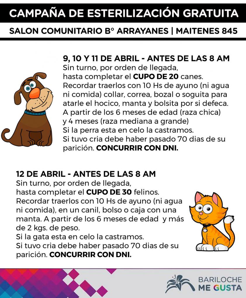 Recuerdan que la campa&ntilde;a de esterilizaci&oacute;n estar&aacute; desde el martes 9/4 en el B&deg; Arrayanes