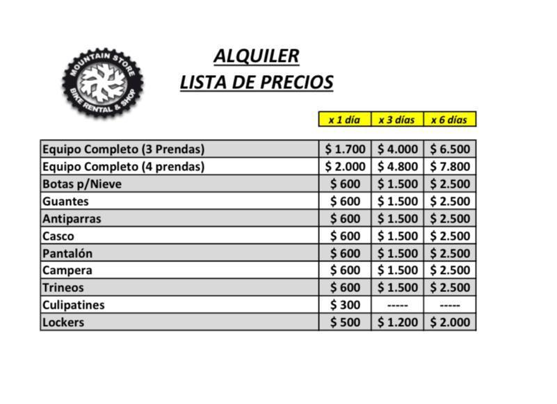 Precio de alquiler de ropa de nieve en Cerro Catedral 2021