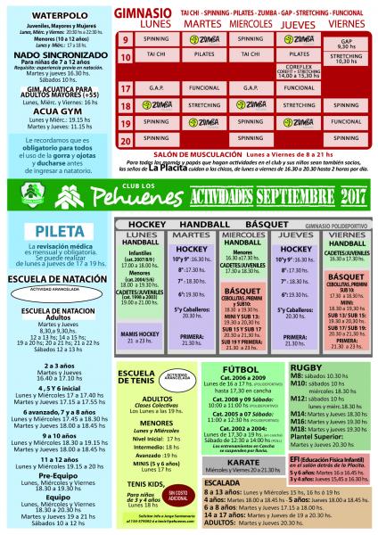 Grilla de horarios de las actividades del club