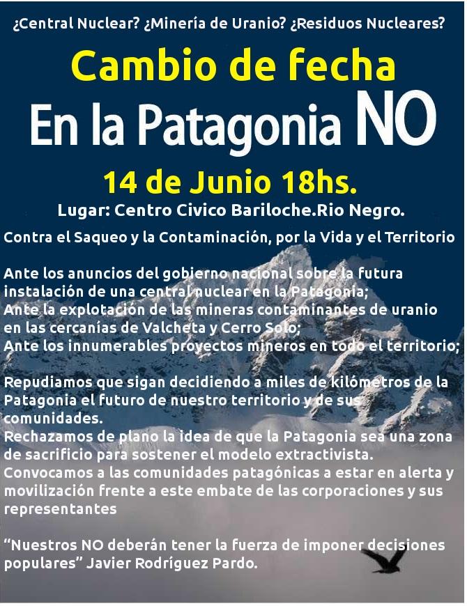 CAMBIO DE FECHA de la CONVOCATORIA A LA CONCENTRACI&Oacute;N EN BARILOCHE CONTRA LA CENTRAL NUCLEAR