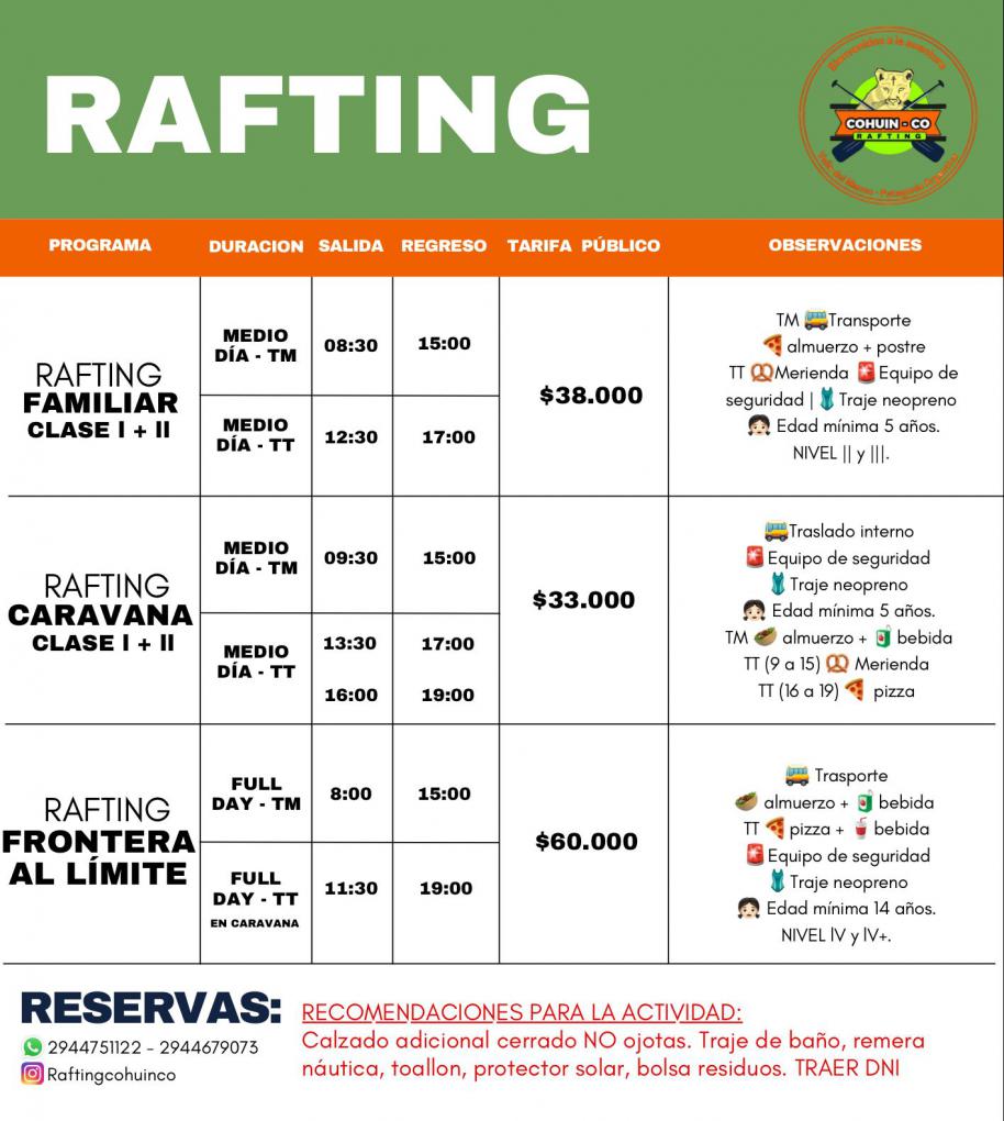 Precios y horarios Rafting Bariloche Febrero 2024 reservas online 