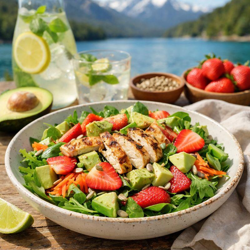  Ensalada fr&iacute;a de pollo grillado, palta y frutillas