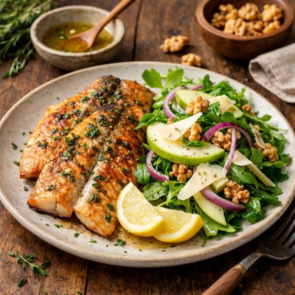 Trucha patag&oacute;nica grillada con ensalada fresca de manzana y r&uacute;cula