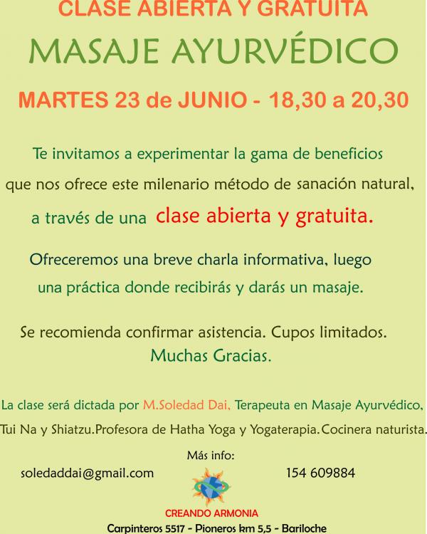 CLASE ABIERTA y GRATUITA                                de MASAJE AYURV&Eacute;DICO                         